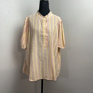 New Style & Co Blouse Women's 2X Multicolor Coral Striped Linen Blend Artsy